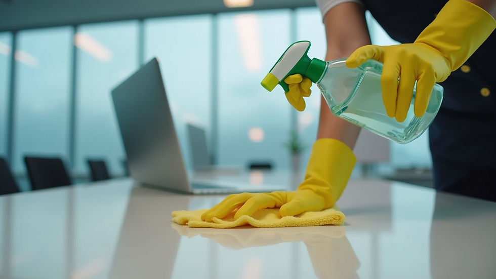 Close-up view of a cleaning professional wiping down an office desk with disinfectant