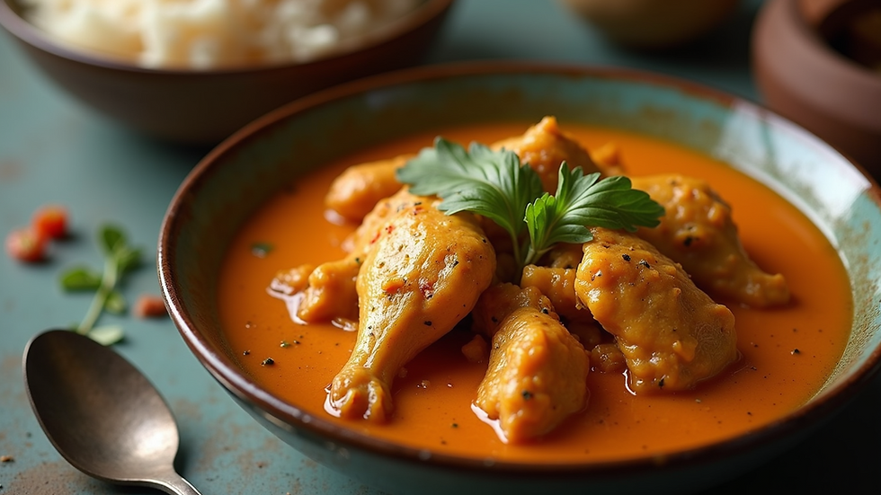 Close-up view of a traditional Portuguese-Malaysian chicken curry served in a bowl