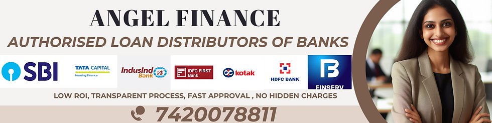 Smiling woman in a brown suit next to Angel Finance banner with text: Authorized loan distributors of banks, contact: 7420078811.