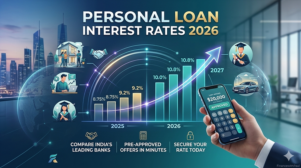 Graph showing rising personal loan interest rates from 2025-2027 against city skyline. Icons depict career, education, and car. Phone shows loan approval.