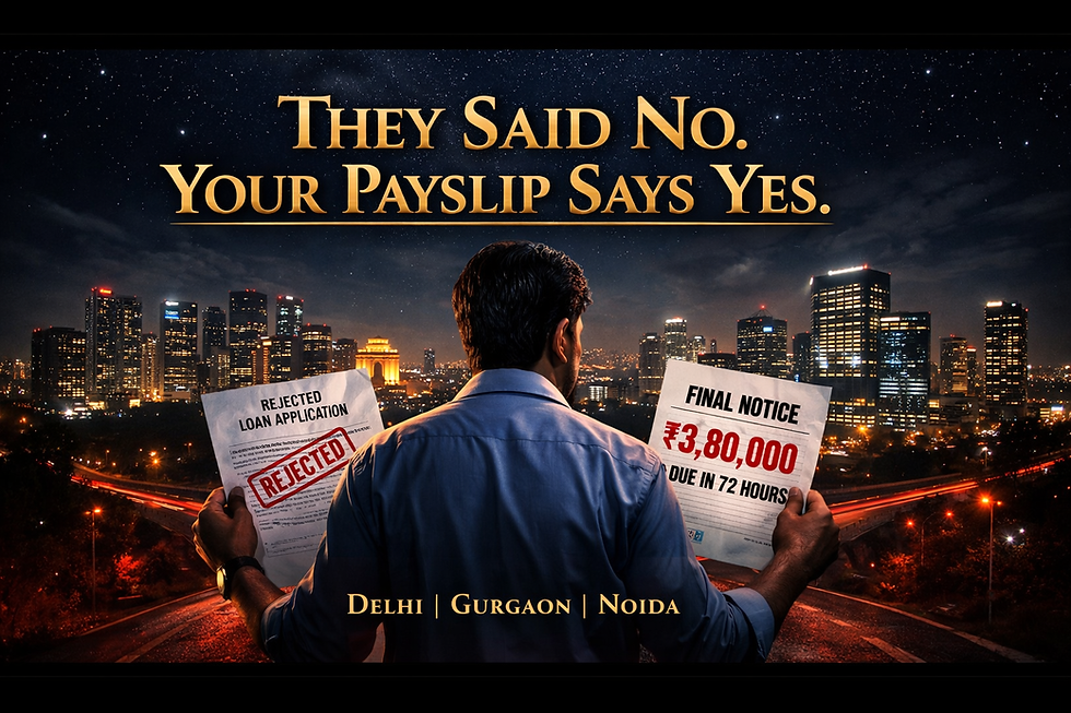 Man holds rejected loan and final notice papers at night, city skyline in background. Text reads: "They Said No. Your Payslip Says Yes."