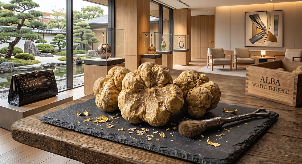 Luxury room with giant white truffles on a wooden table, brush and black bag; ALBA WHITE TRUFFLE crate by garden window.