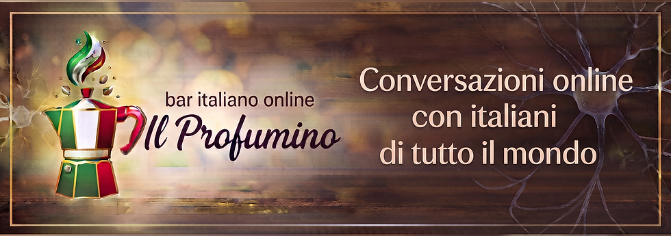Italian flag moka pot beside text Il Profumino and Conversazioni online con italiani di tutto il mondo on warm brown banner