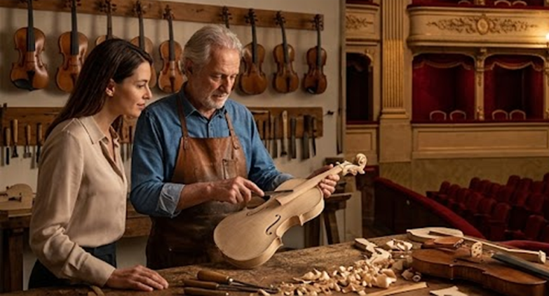 Luthier showing a violin to a woman in a workshop, with hanging violins, wood shavings, and a theater backdrop.