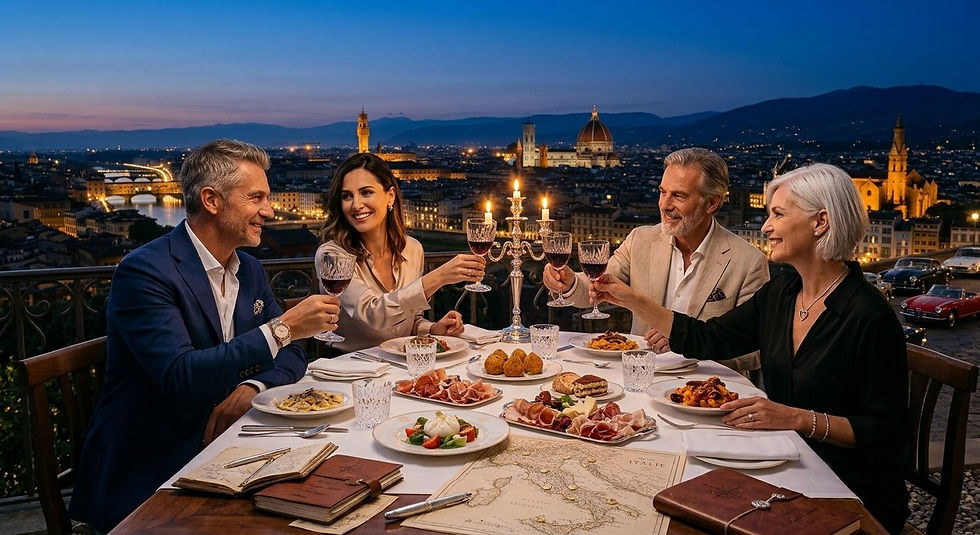 Cuatro adultos brindan en una cena elegante al atardecer con vista a Florencia; mesa con platos, candelabro y mapa de Italia.