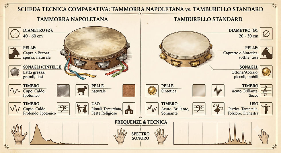 Italian comparison chart of Tammorra Napoletana vs Tamburello Standard with drum drawings, specs, and frequency graphs