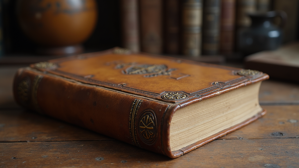 Eye-level view of an ancient leather-bound book on a wooden desk