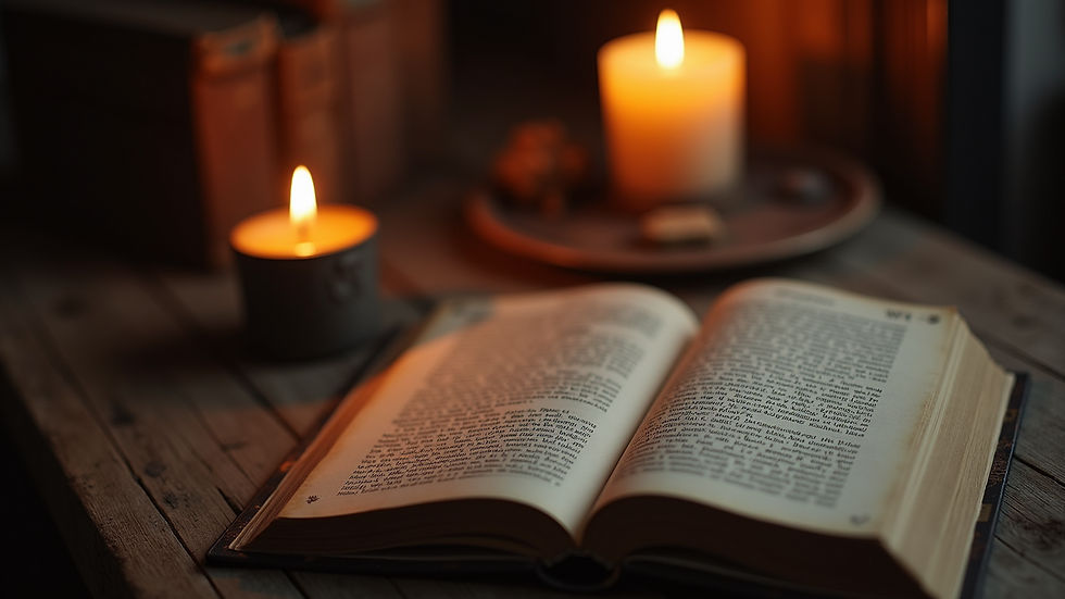 Eye-level view of a candle burning beside an open book of occult philosophy