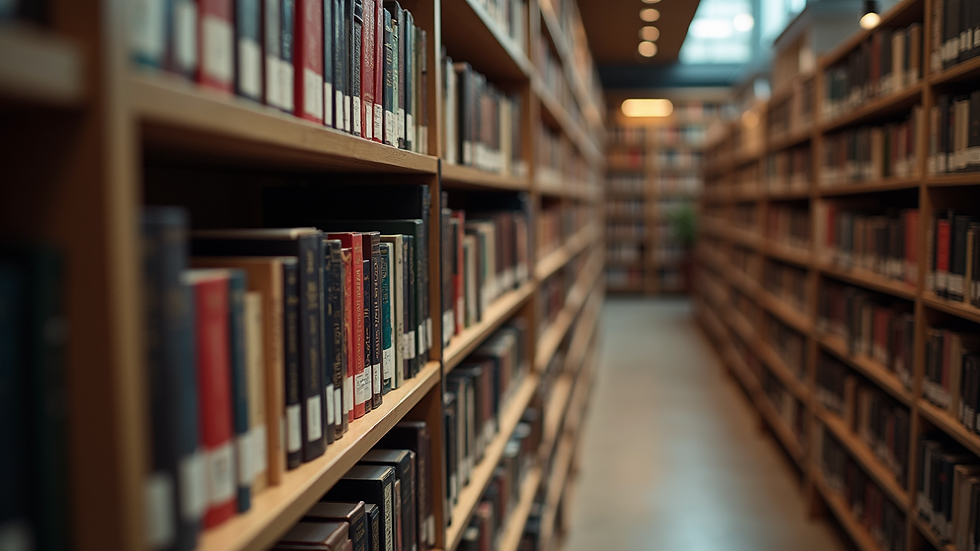 High angle view of a modern library with philosophy books on shelves
