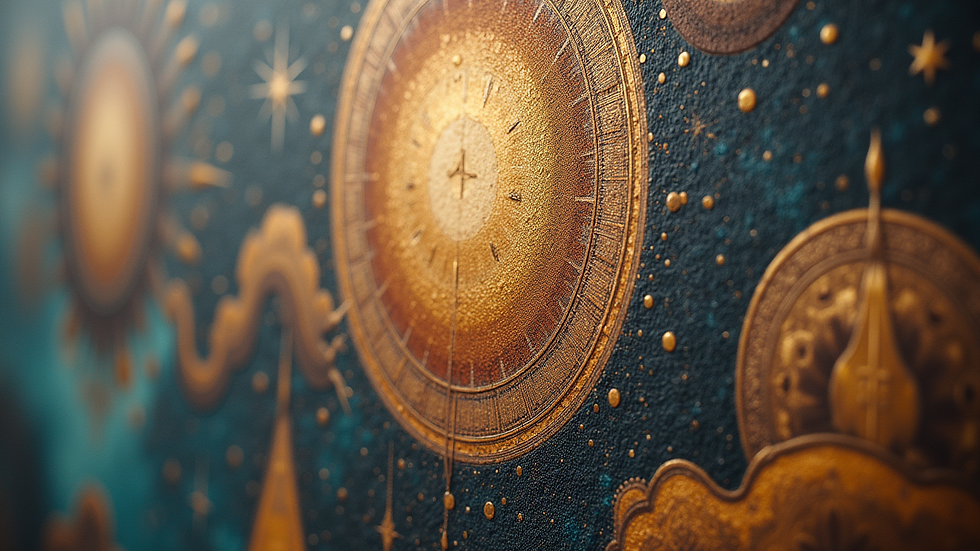 Close-up view of a symbolic painting featuring cosmic and mythological elements