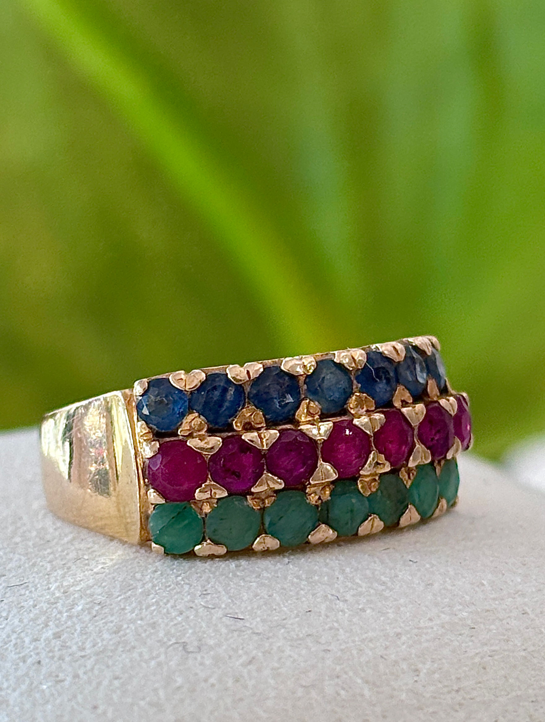 Vintage Ruby, Sapphire & Emerald Three Row Ring