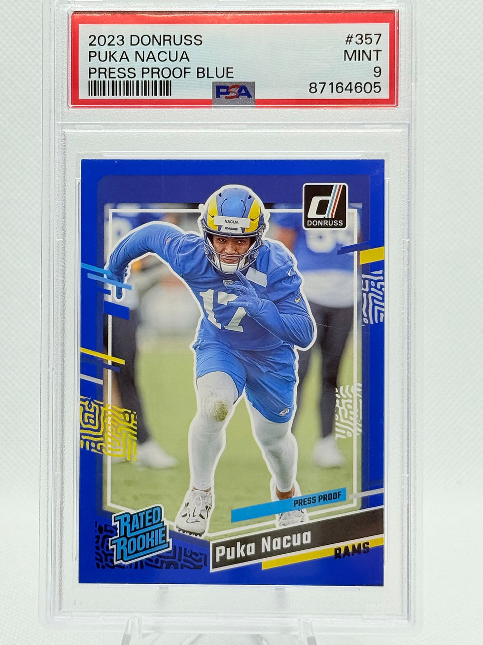 2023 PANINI DONRUSS PUKA NACUA RC PSA 9 BLUE PRESS PROOF RAMS # 357