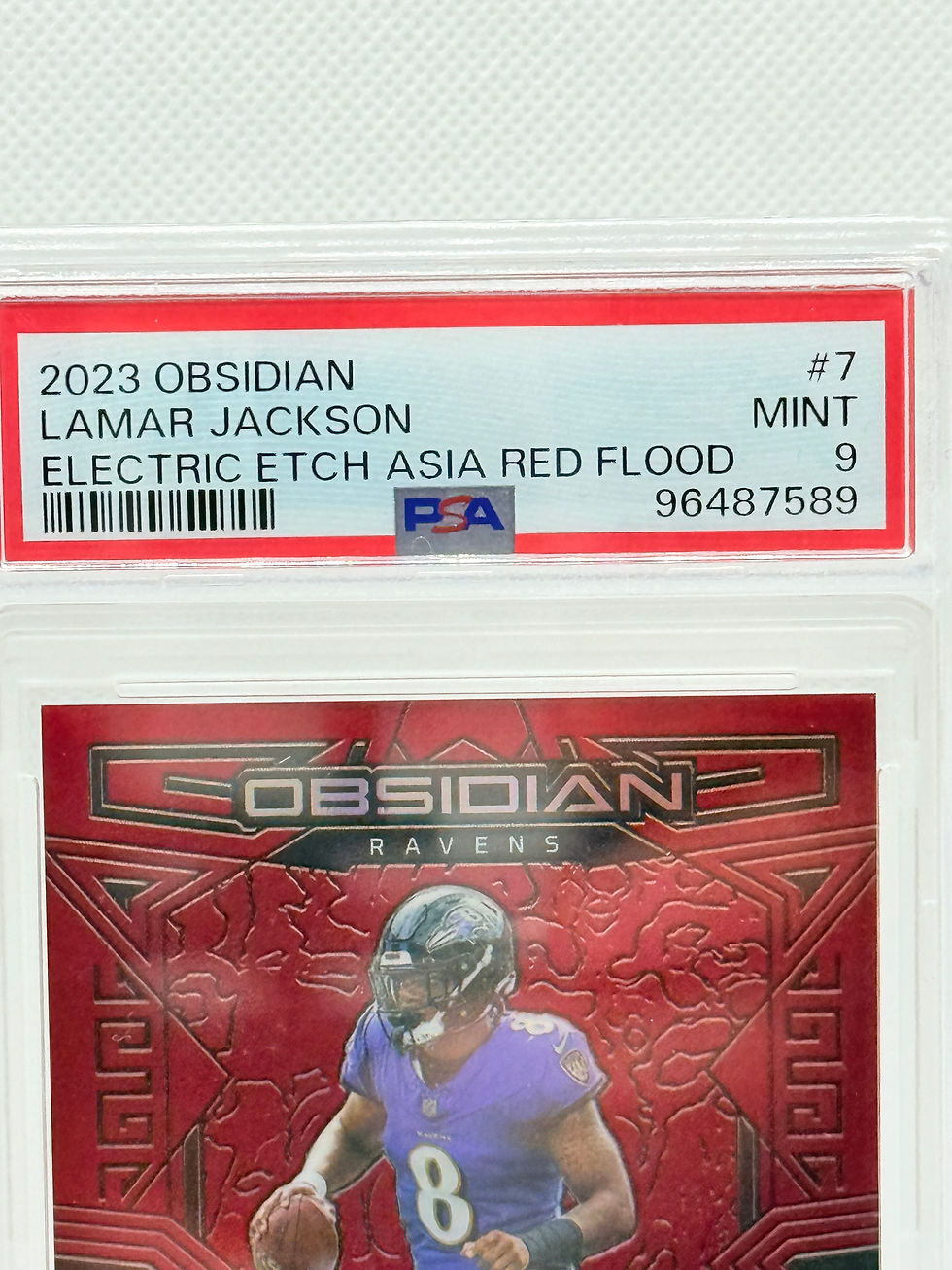 Thumbnail: 2023 Obsidian Lamar Jackson INTERNATIONAL Etch Red Flood 54/90 PSA 9 POP 9! RARE