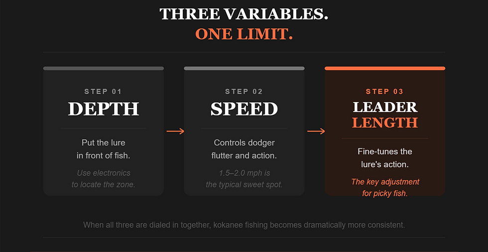 Steps for fishing: "Depth," "Speed," and "Leader Length" shown in black, gray, and orange boxes on a dark background.