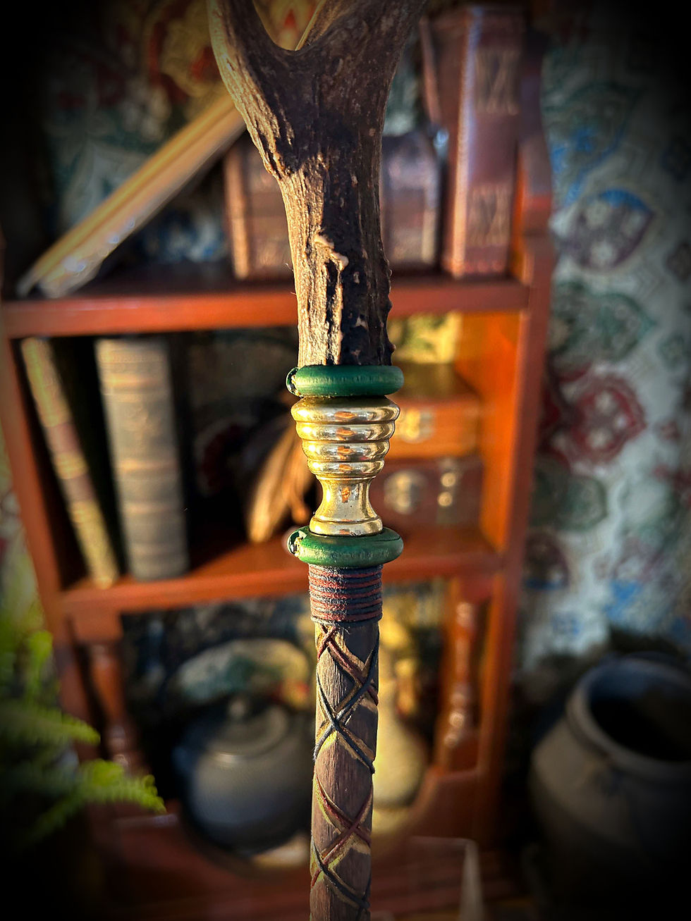 Thumbnail: Stag's Arbiter Wand, antler-topped, held in front of a vintage bookshelf with books.