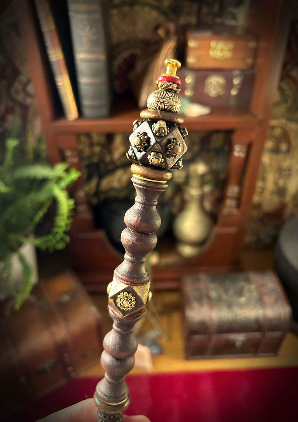 Thumbnail: Ornate handmade wooden Brass Arcanum Wand with brass accents, rich background.
