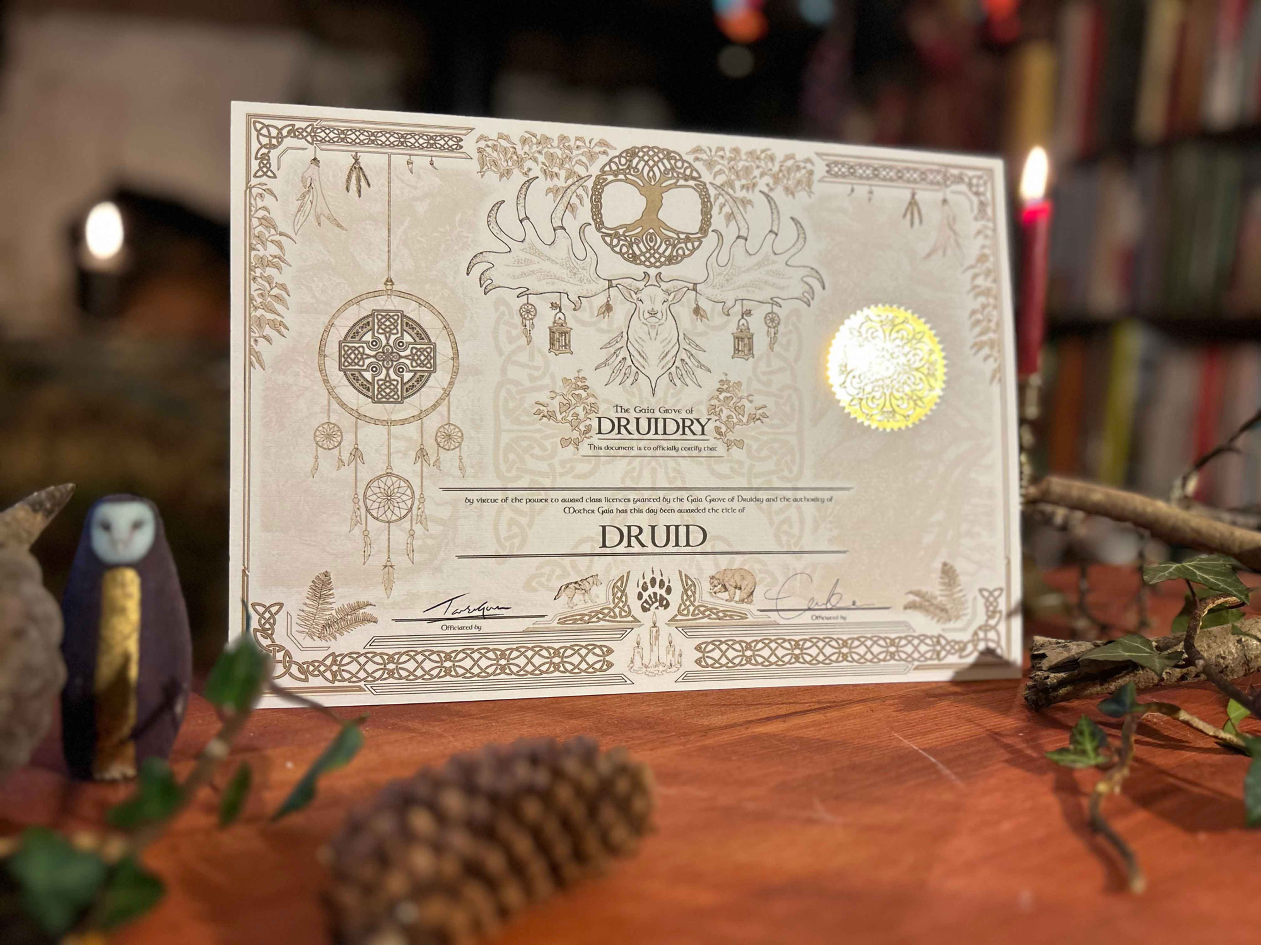 D&D Dungeons and Dragons Class Certificate Old World Magic Gold Foil Sticker NoAI Hand Drawn Druid