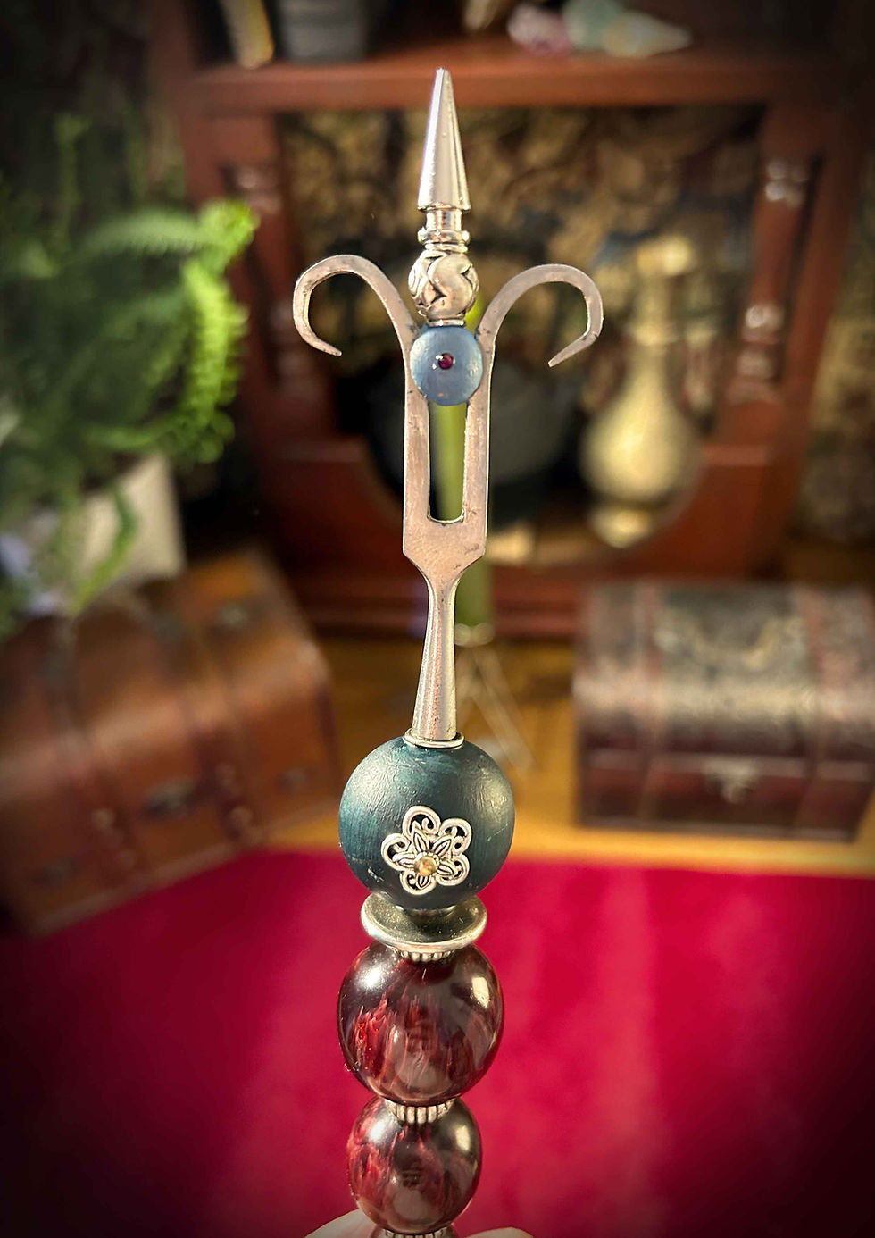 Thumbnail: Handmade brass arcanum wand decoration with intricate beaded flower finial.