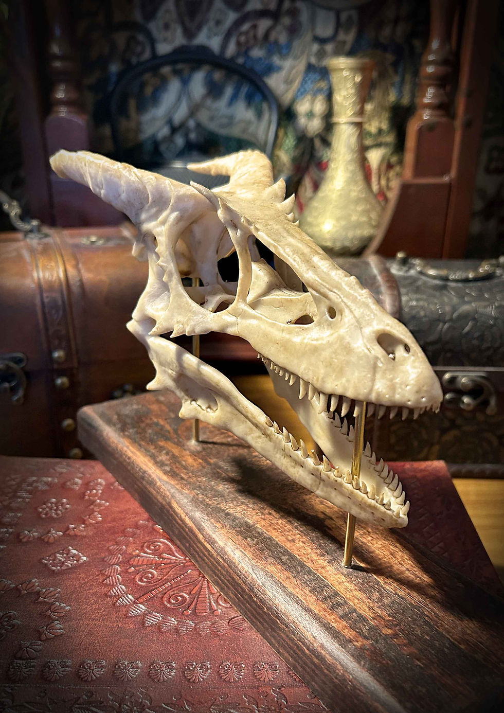 Thumbnail: Dinosaur skull replica on wooden base, mystical dark background.