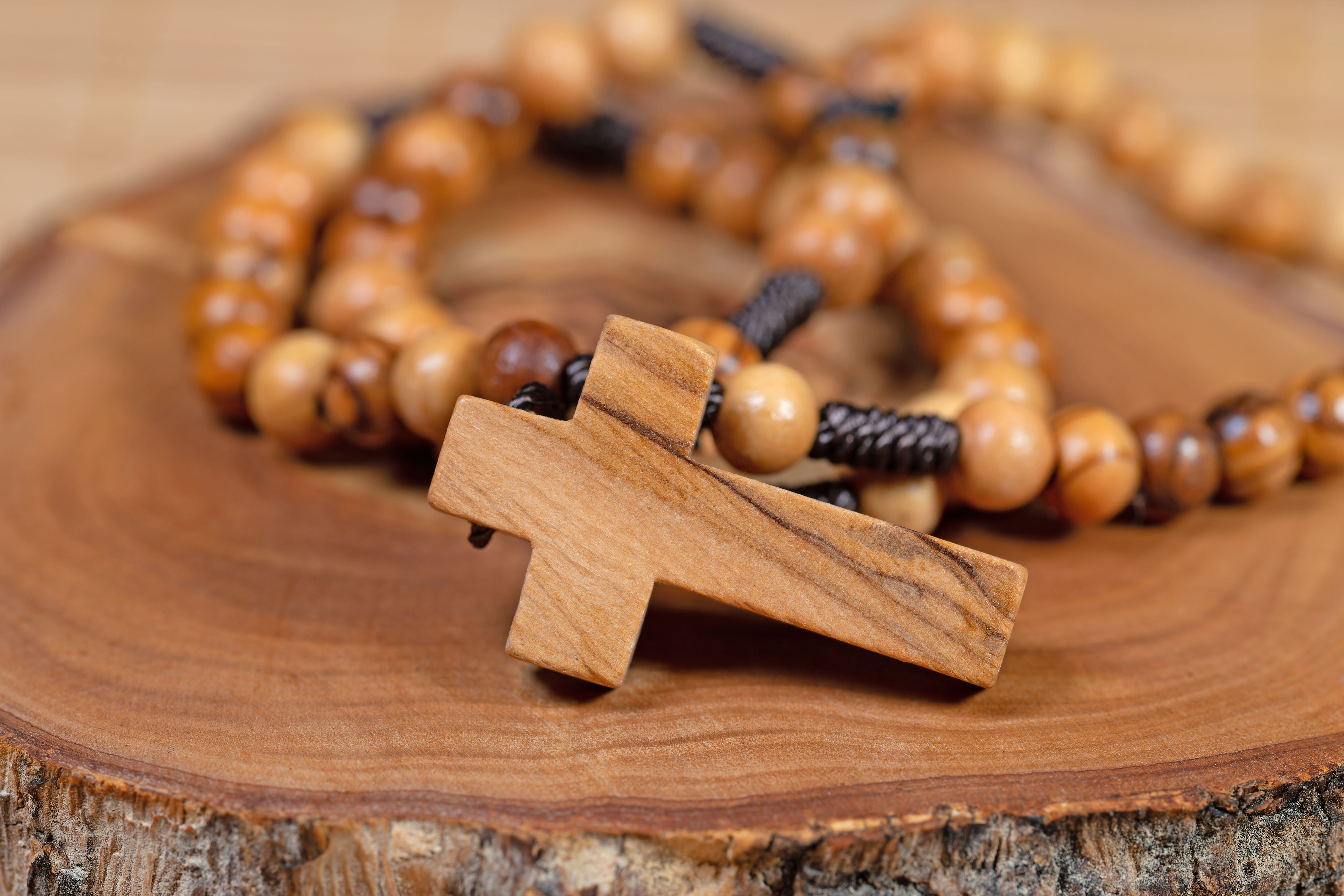 Olive Wood Rosary, Wooden Cross Pendant Holy Rosary