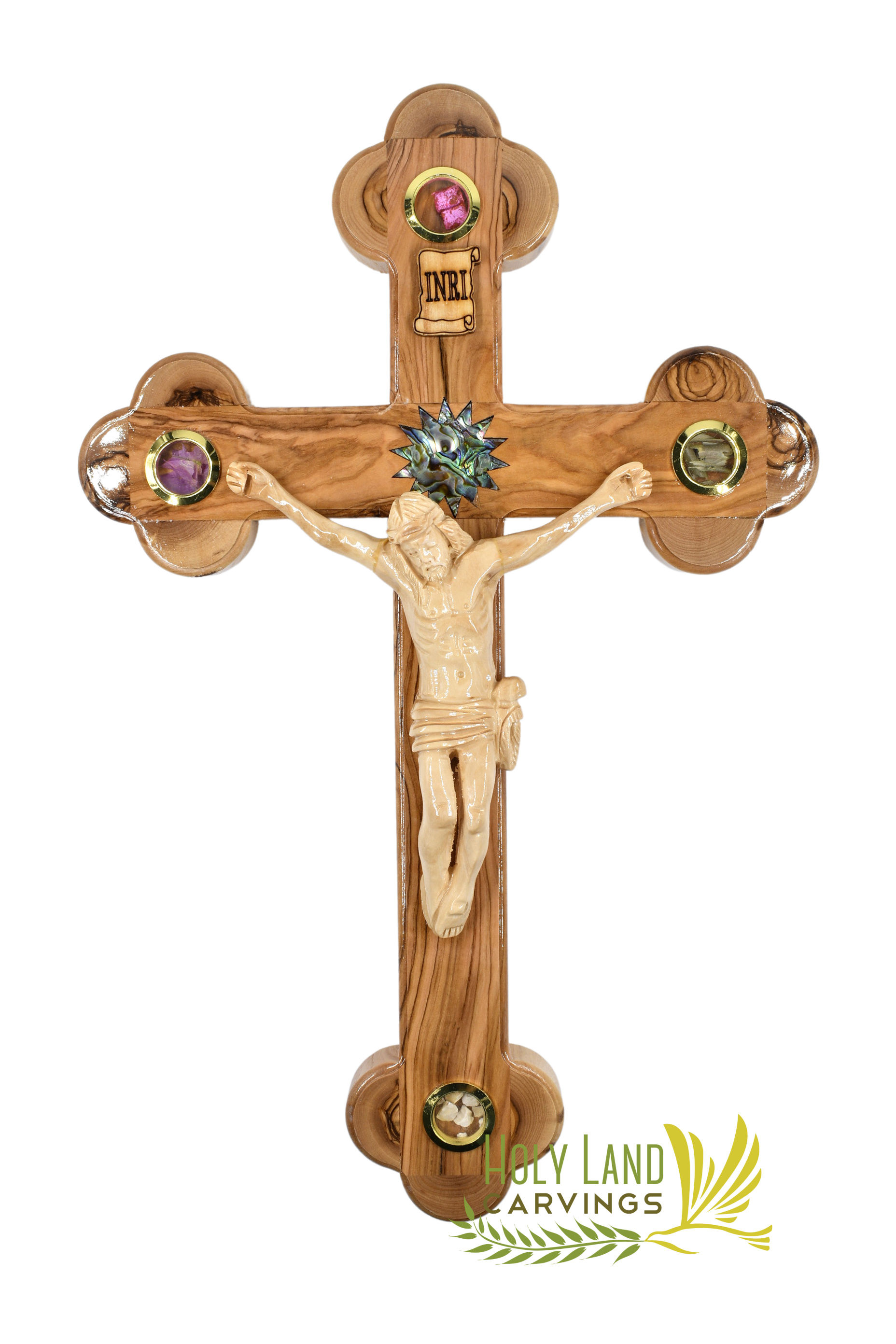 15" Large Olive Wood Wall Crucifix with Mother of Pearl Bethlehem Star