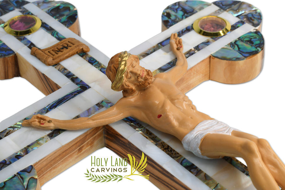 Thumbnail: 15" Large Catholic Olive Wood Wall Crucifix Covered with Mother of Pearl