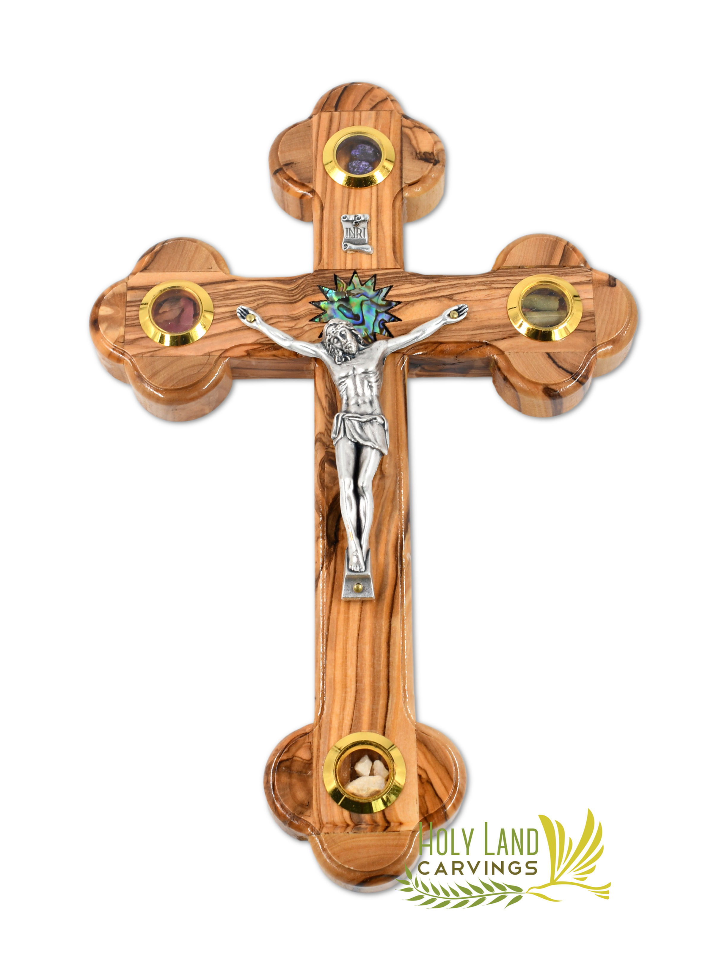 9 Inch Olive Wood Wall Crucifix Cross - Mother of pearl Star and Holy Relics