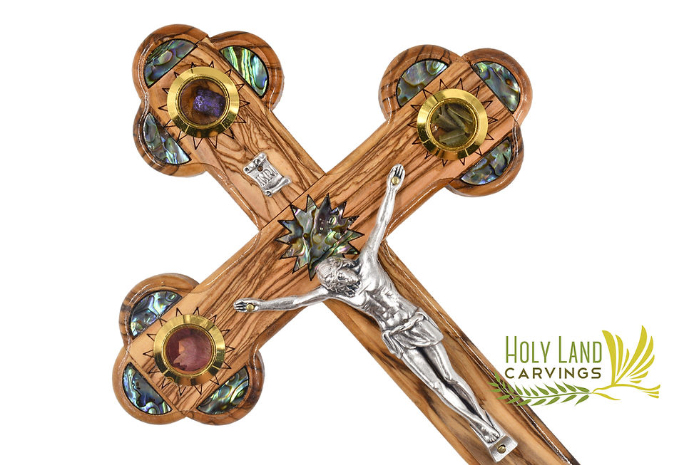 Thumbnail: Olive Wood Crucifix Cross Decorated with Mother of Pearl - 3 Sizes