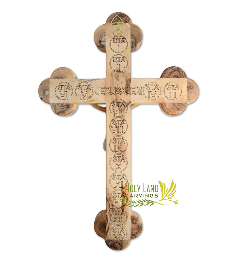 Thumbnail: 15" Large Catholic Olive Wood Wall Crucifix Covered with Mother of Pearl