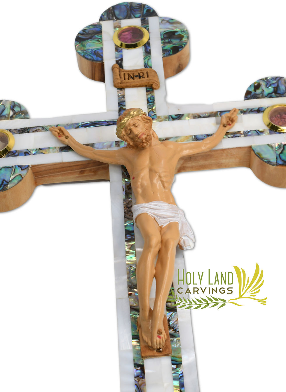 Thumbnail: 15" Large Catholic Olive Wood Wall Crucifix Covered with Mother of Pearl
