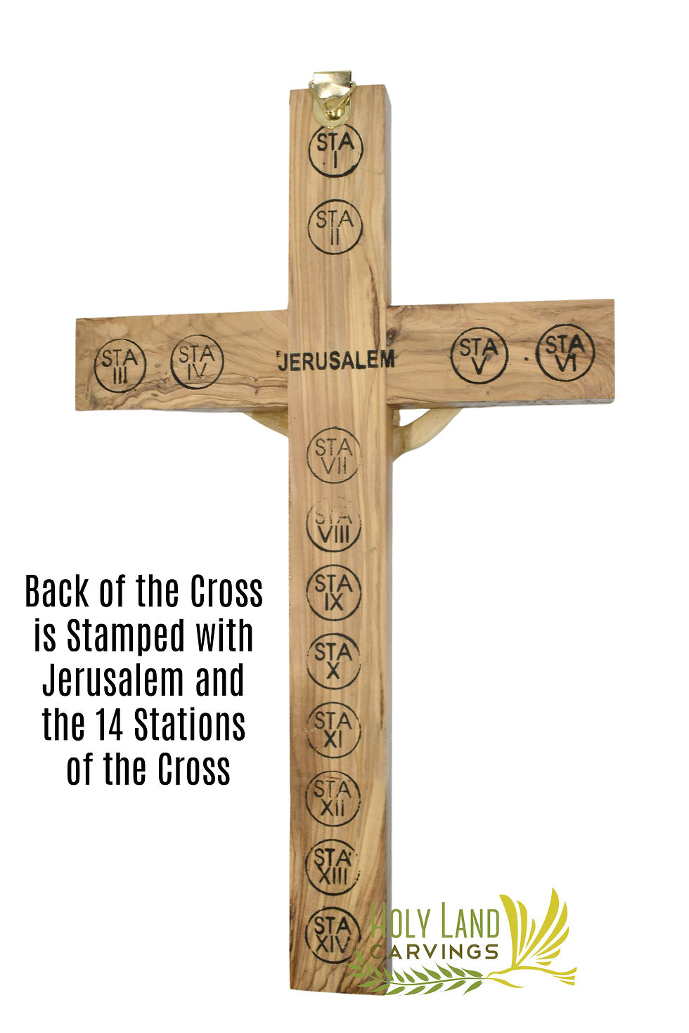 Thumbnail: 14" Olive Wood Holy Land Crucifix with Mother of Pearl Stripe and Holy Relics