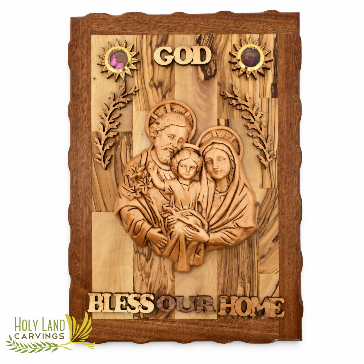 Holy Family Wall Plaque, Olive Wood God Bless Our Home Wall Hanging