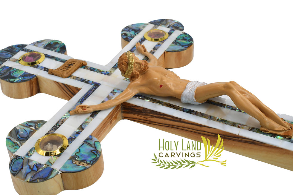 Thumbnail: 15" Large Catholic Olive Wood Wall Crucifix Covered with Mother of Pearl