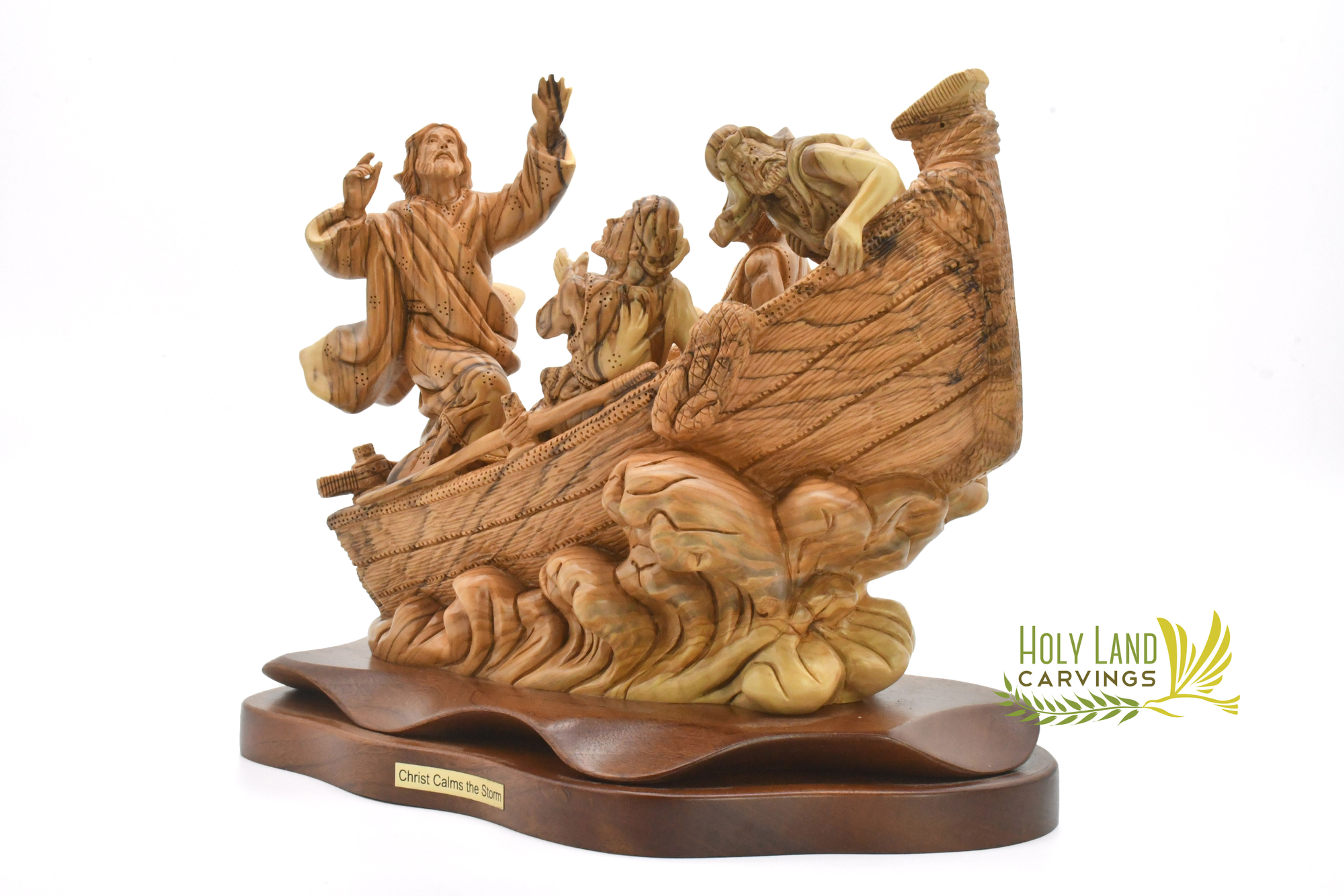 Jesus Calming The Storm Carved Figurine, Olive Wood Statue of Jesus on Boat