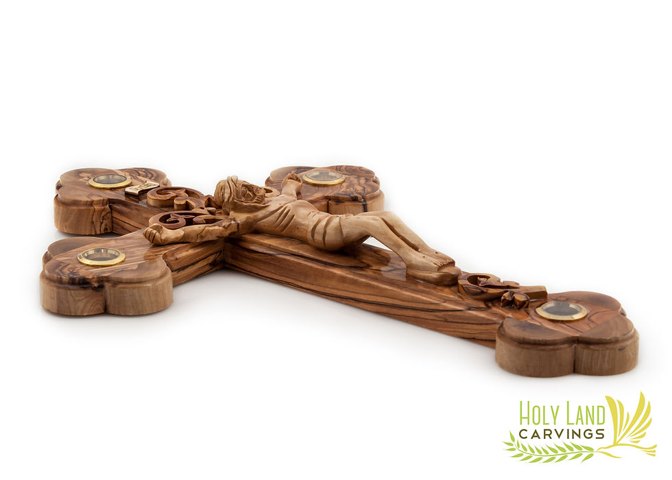 Thumbnail: 15" Large Wall Crucifix Made of High Quality Olive Wood - 4 Glasses with Relics