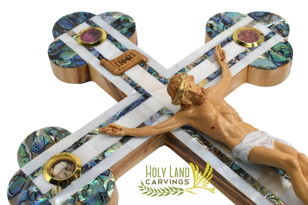 Thumbnail: 15" Large Catholic Olive Wood Wall Crucifix Covered with Mother of Pearl