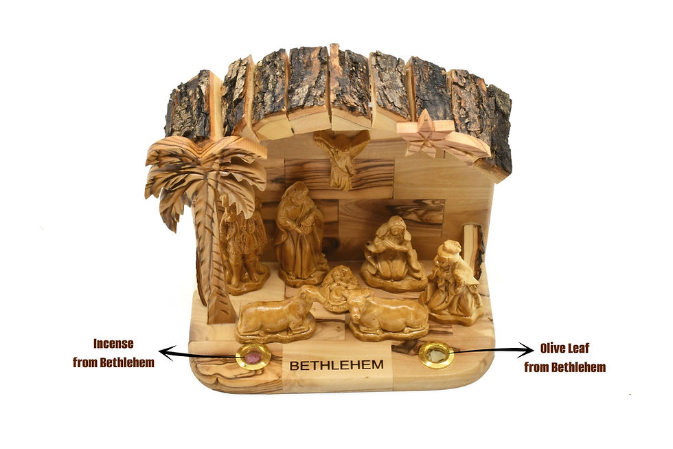 Thumbnail: Olive Wood Nativity Scene Set with Bark Roof  - Green Gift Box