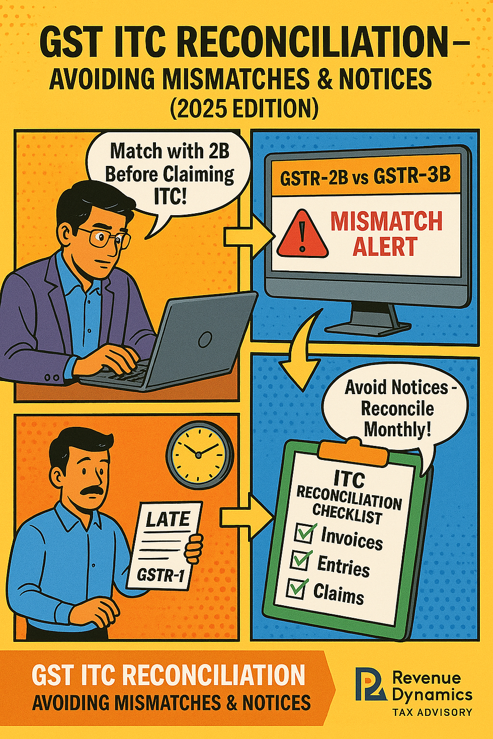 Comic-style infographic of an Indian accountant reviewing GST ITC mismatches on a laptop, with panels showing GSTR-2B vs GSTR-3B alerts, supplier filing delays, and reconciliation checklist, featuring Revenue Dynamics Tax Advisory logo.