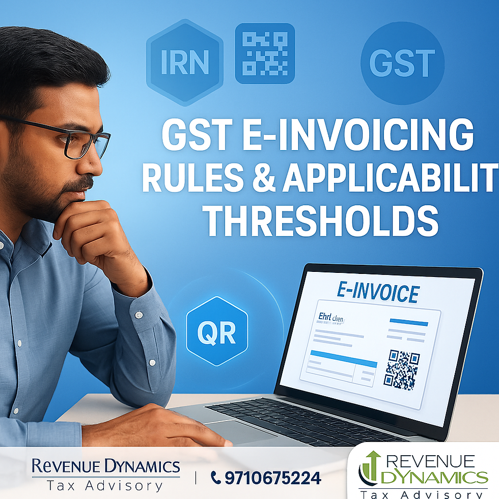 “A professional Indian accountant reviewing GST e-invoice with IRN and QR code icons, representing e-invoicing applicability under GST, with RDTA branding.”
