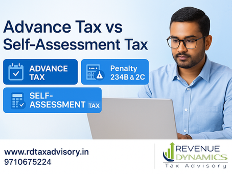 “Indian taxpayer analyzing advance tax and self-assessment tax on a laptop with icons for deadlines, calculation, and penalties, shown in a clean corporate blue-white RDTA layout.”