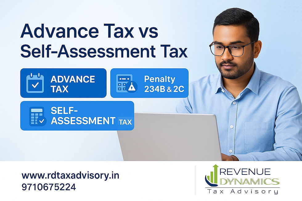 “Indian taxpayer analyzing advance tax and self-assessment tax on a laptop with icons for deadlines, calculation, and penalties, shown in a clean corporate blue-white RDTA layout.”