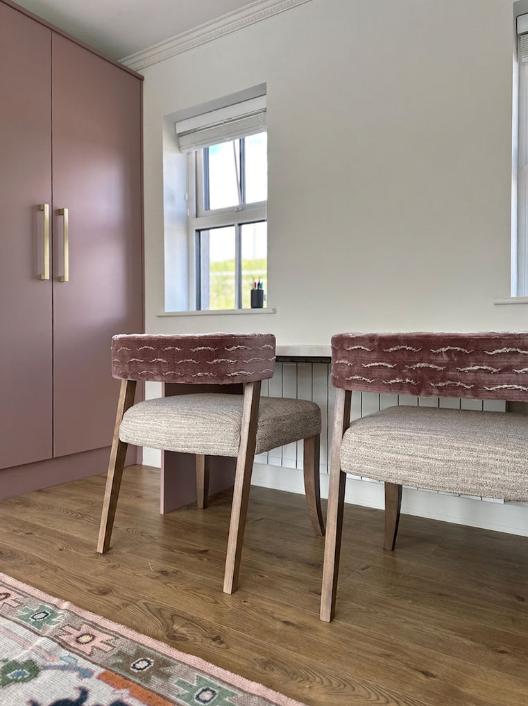 Bespoke Wardrobe and Study Area with DXP Collection Oak Chairs Upholstered in Dedar Nouvelles Vagues and Warwick Fabrics