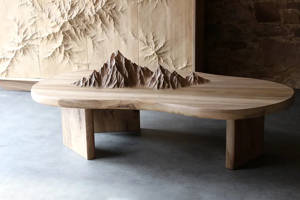 Wooden coffee table with mountains sculpted