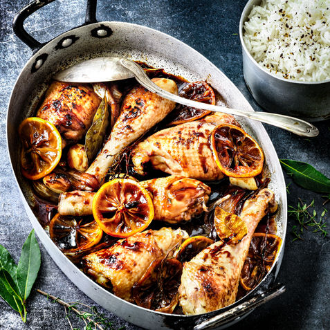 Plat familial : cuisses de poulet au citron et à la sauce soja, riz basmati