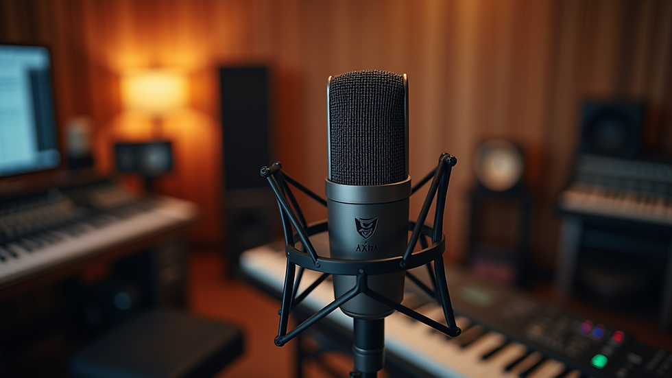 Close-up view of a microphone on a stand in a recording studio