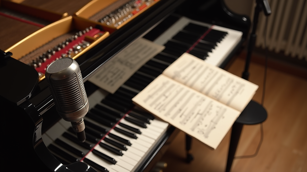 High angle view of a microphone and sheet music on a piano in a music studio