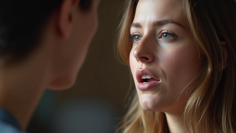 Close-up view of a vocal coach demonstrating breathing techniques to a student