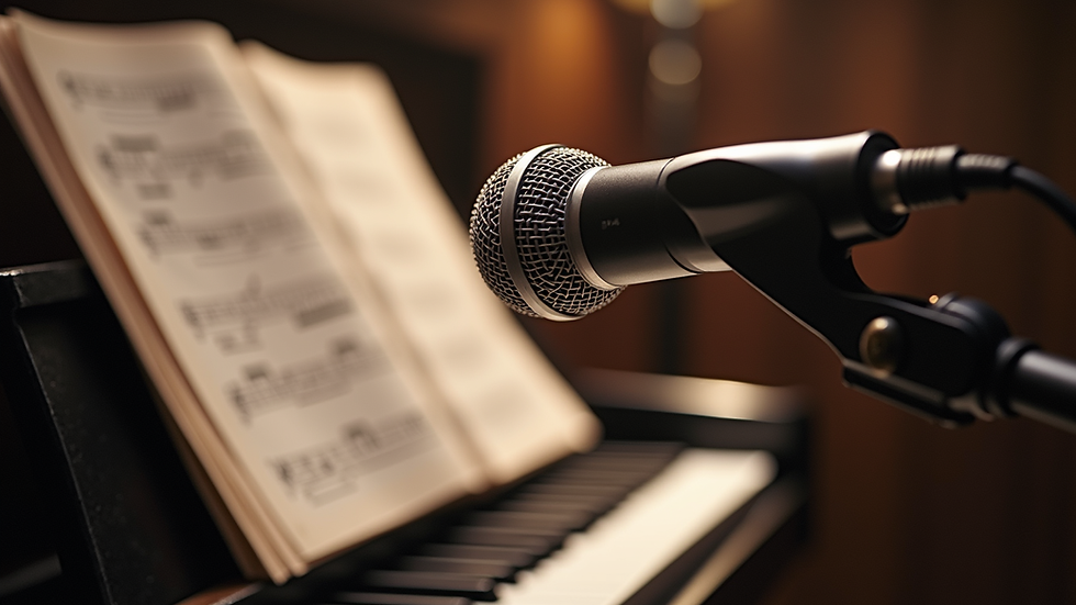 Close-up view of a music sheet and a microphone on a stand