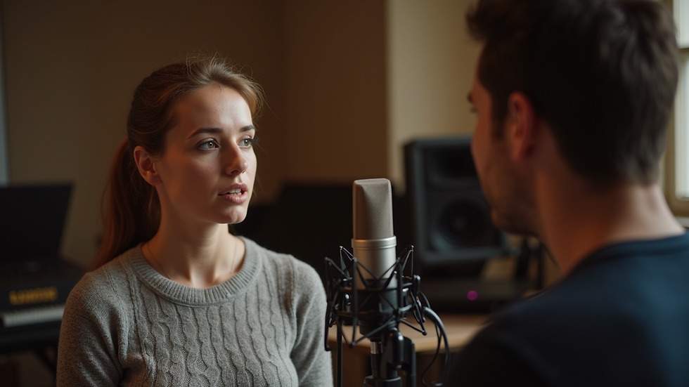 Close-up view of a vocal coach giving feedback to a student in a music studio