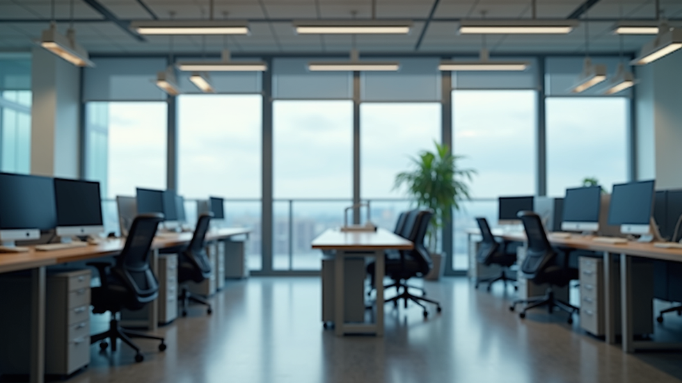 Eye-level view of a modern office with empty desks and computers